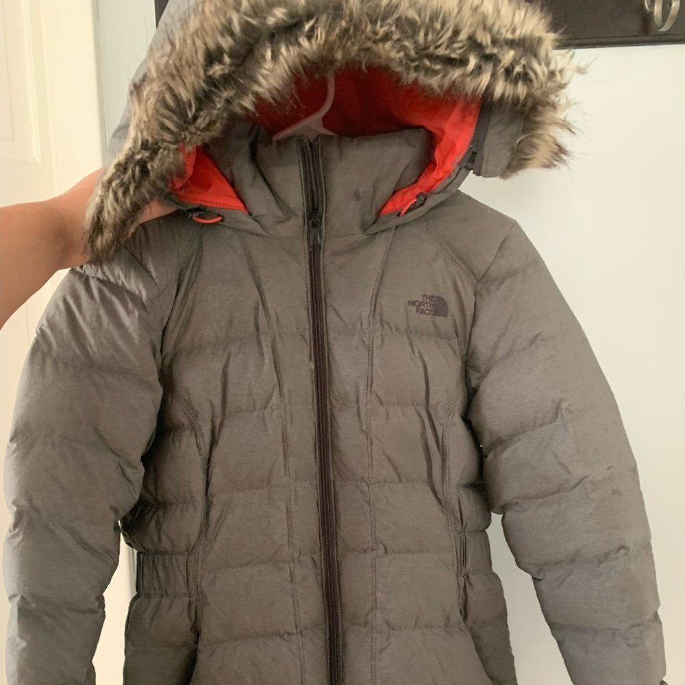 Small Women's Grey & Hot Pink North Face Coat with Faux Fur Removable Hood